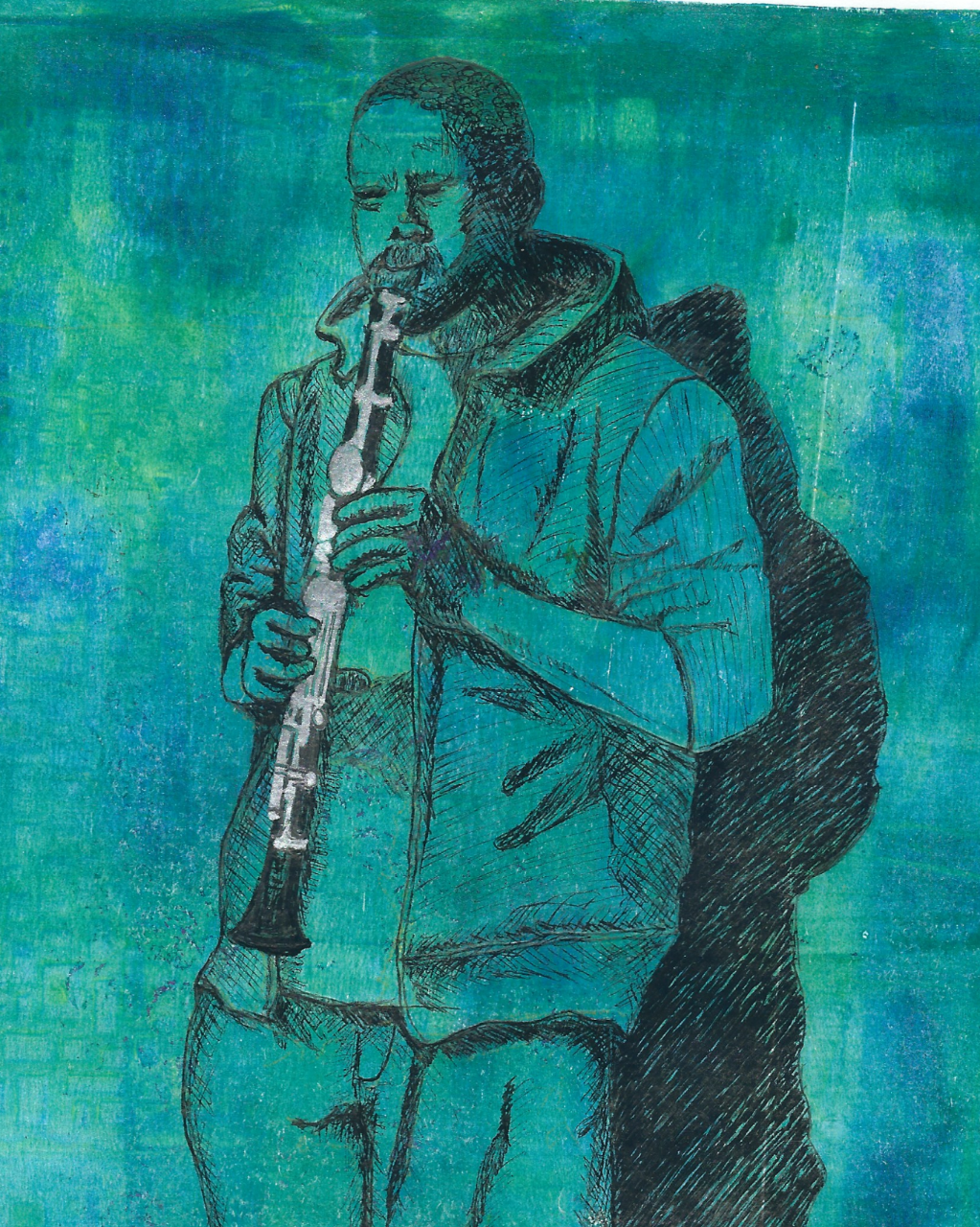 A drawing of a person playing a clarinet on the street, dressed in casual clothing, with a green-blue monochromatic background.