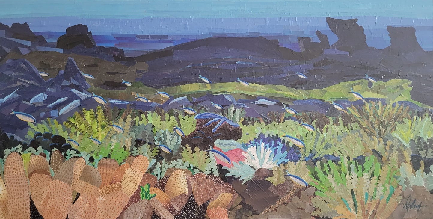 Diversity, mixed-media coral reef artwork by Dawn Leigh, created from hand-cut reclaimed paper and paint.