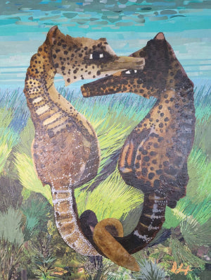 Two Seahorses with their tail intertwined.