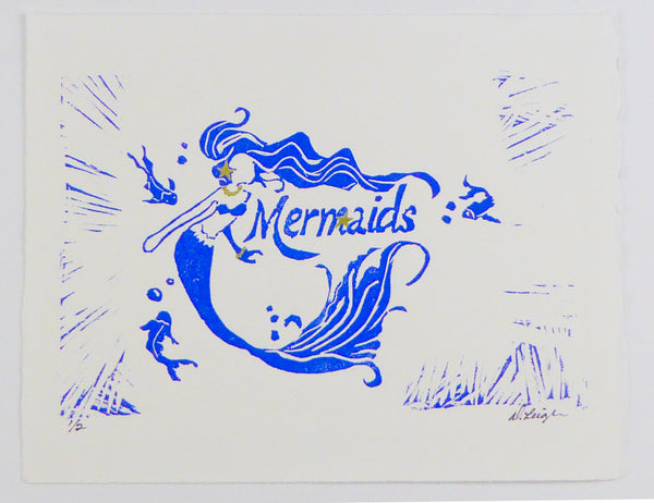 Mermaid in Blue with Gold accents in Silver Frame